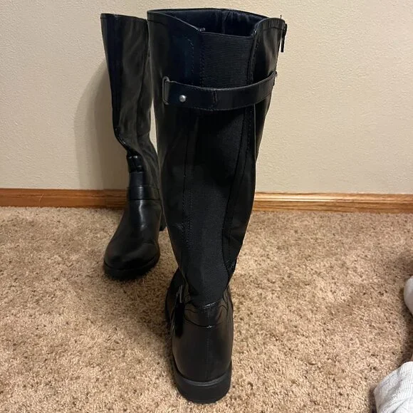 Tall Black Boots with calf elastic & cute buckle! Size 11 - Picture 2 of 10